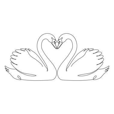 İki zarif kuğunun birbirine bakan minimalist çizgi çizimleri kalp şeklini oluşturuyor, aşkı, birlikteliği ve sonsuz bağlılığı simgeliyor. Temiz siyah beyaz bir tarzda.