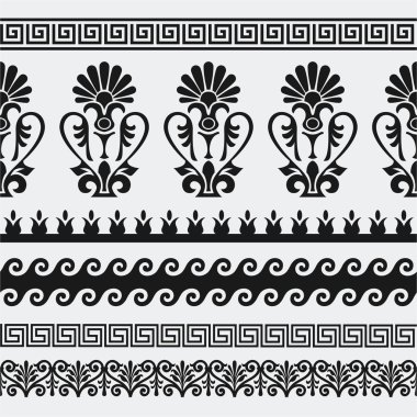 Yunan sorunsuz desenler, dokular, gri bir arka plan üzerinde siyah. İzole nesneleri.