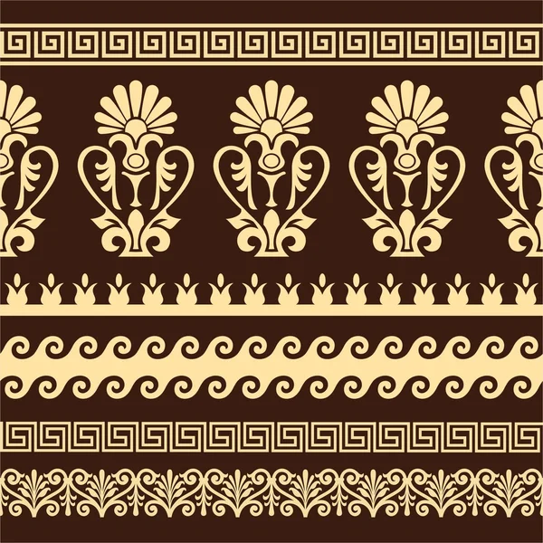 Patrones griegos sin costuras, texturas, en colores tradicionales sobre un fondo marrón claro. Objetos aislados . — Vector de stock