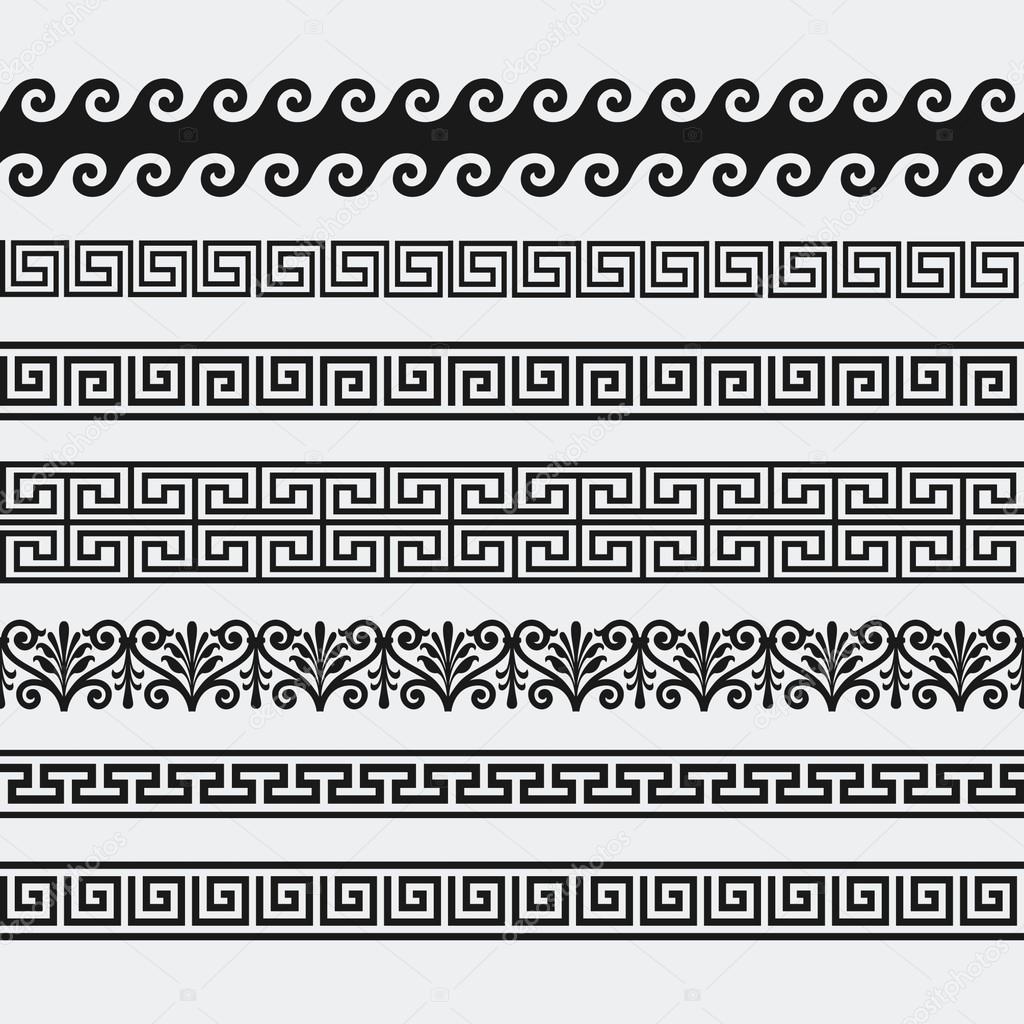Greek seamless patterns, textures, black on a gray background. Isolated objects.