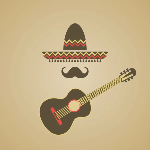Мексиканское сомбреро и гитара на светлом фоне. Векторная иллюстрация . — стоковый вектор