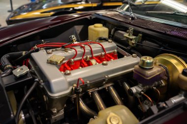 Cilalı girişi ve kırmızı akaryakıt rayları, açık vana kapağı, örgülü hortumlar, Varşova, Polonya 29-01-2026