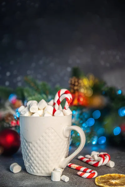 Fond Noël Sombre Avec Décoration Noël Tasse Chocolat Chaud Avec — Photo