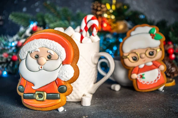 Fondo Festivo Navideño Oscuro Con Decoración Navidad Taza Chocolate Caliente — Foto de Stock