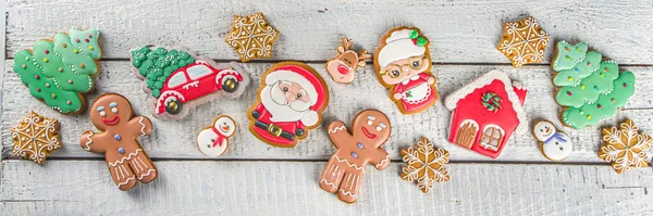 Christmas Background Homemade Gingerbread Cookies Traditional Winter Festive Baking Flat — Stock Photo, Image