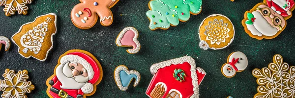 Vari Zucchero Glassato Festivo Natale Capodanno Dolci Biscotti Sfondo Carta — Foto Stock