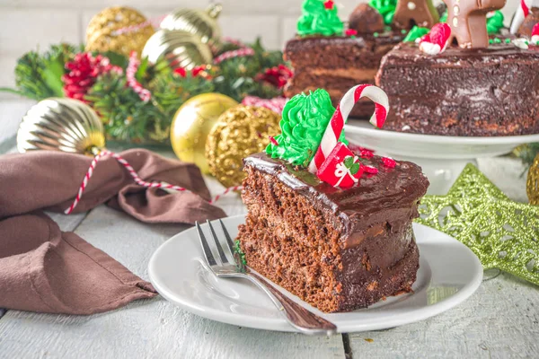 Рождественский Шоколадный Торт Домашний Пряничный Шоколадный Торт Сахаром Шоколадным Декором — стоковое фото