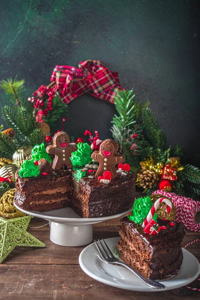 Рождественский Шоколадный Торт Домашний Пряничный Шоколадный Торт Сахаром Шоколадным Декором — стоковое фото
