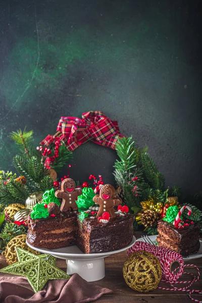 Schokoladenkuchen Weihnachten Hausgemachte Lebkuchen Schokoladenkuchen Mit Zucker Und Schokoladendekor Form — Stockfoto