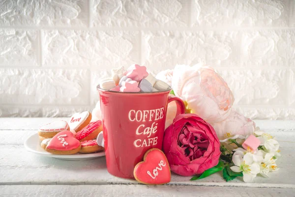Valentinstag Hintergrund Mit Zartem Rosa Rot Weiß Pfingstrose Blumen Und — Stockfoto