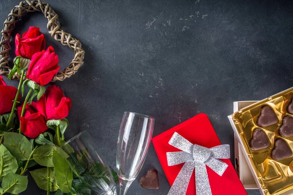Valentine Day Background Chocolates Hearts Red Gift Box Champagne Wine — Stock Photo, Image