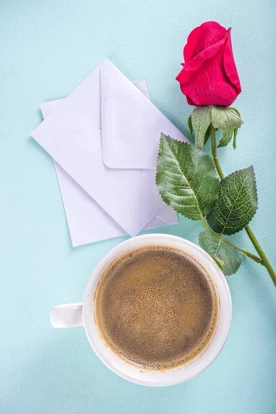 Valentine Day Morning Background Valentine Breakfast Cup Coffee Fresh Croissants — Stock Photo, Image