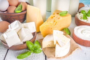 Çeşitli Taze Süt Ürünleri - süt, süzme peynir, peynir, yumurta, yoğurt, ekşi krema, ahşap zeminde tereyağı