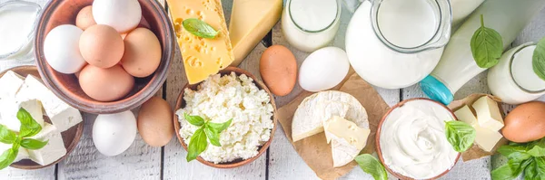 Set of Various Fresh Dairy Products - milk, cottage cheese, cheese, eggs, yogurt, sour cream, butter on wooden background