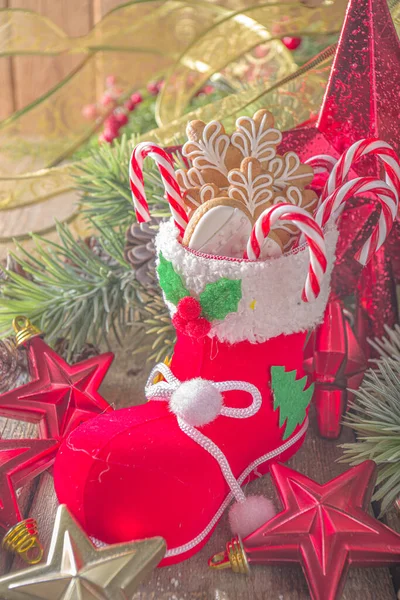Capodanno Sfondo Celebrazione Natale Tradizionale Christmas Boot Sock Con Soliti — Foto Stock