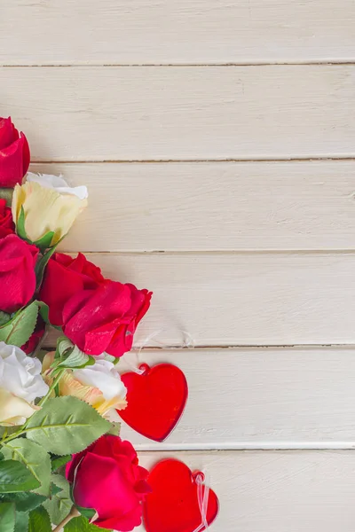 Fondo Madera Con Rosas Corazones San Valentín Cumpleaños Mujer Primavera —  Fotos de Stock