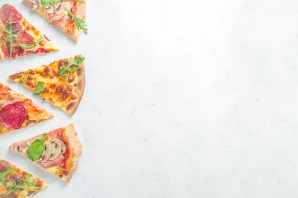 Концепція Вечірки Піци Набір Піц Різними Начинками Шматочки Різної Піци — стокове фото