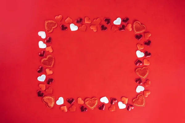 Valentinstag Hochzeit Romantische Grußkarte Hintergrund Rote Herzen Auf Rotem Hintergrund — Stockfoto