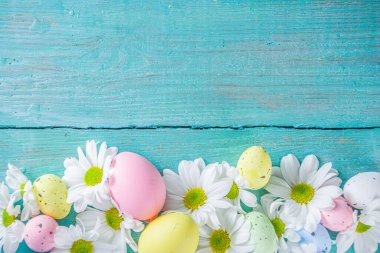 Mutlu Paskalya kutlamaları, davetiye geçmişi. Renkli paskalya yumurtaları ve mavi ahşap masa üzerinde bahar çiçekleri ile bahar çiçekleri kompozisyonu, metin için kopyalama alanı. Düz yatış, üst görünüm.