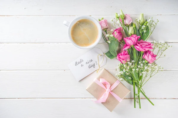 Bouquet Primavera Fiori Estivi Tazzina Caffè Note Buongiorno Buona Giornata — Foto Stock