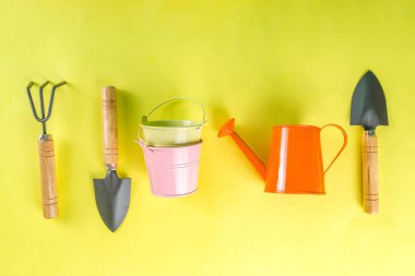 Bahar bahçıvanı konsepti. Bahçe aletleri, otlar ve bitkiler, sarı arka planda düz yatak. Baharda bahçe kavramı işe yarar..