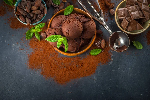 Gelado Chocolate Escuro Monte Sorvete Chocolate Com Feijão Chocolate Pedaços — Fotografia de Stock