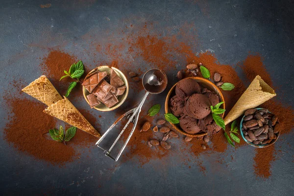 Gelado Chocolate Escuro Monte Sorvete Chocolate Com Feijão Chocolate Pedaços — Fotografia de Stock
