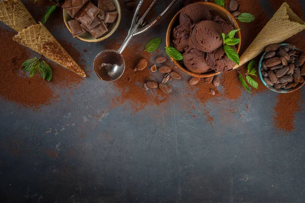 Gelado Chocolate Escuro Monte Sorvete Chocolate Com Feijão Chocolate Pedaços — Fotografia de Stock