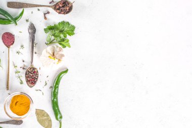 Taze bitkiler, kurutulmuş renkli baharatlar. Arka planda çeşitli baharatlar, bitkiler biber, vanilya fasulyesi, tarçın, fesleğen, biberiye, kırmızı biber, nane, maydanoz beyazından masa üstü manzaralı flatlay pişirme