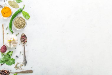 Taze bitkiler, kurutulmuş renkli baharatlar. Arka planda çeşitli baharatlar, bitkiler biber, vanilya fasulyesi, tarçın, fesleğen, biberiye, kırmızı biber, nane, maydanoz beyazından masa üstü manzaralı flatlay pişirme