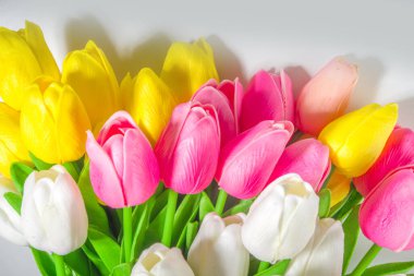 Paskalya Arkaplanı Lale Buketi, Beyaz masa arkaplanındaki Büyük Renkli Lale Çiçeği Buketi metin kopyası için üst görünüm alanı