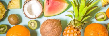 Yaz vitamini besin konsepti, çeşitli meyve ve böğürtlen arkaplanı - karpuz anananas kivi, hindistan cevizi turuncu limon yaratıcı düz açık mavi arka planda yer alan fotokopi alanı 