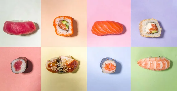 Sushi Tekercs Készlet Rizs Hal Evőpálcika Különböző Színes Világos Hátterek — Stock Fotó