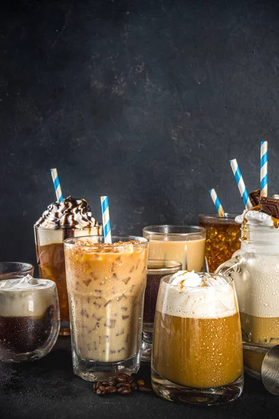 Set Different Ice Summer Coffee Drinks Espresso Frappe Latte Cappuccino — Stock Fotó
