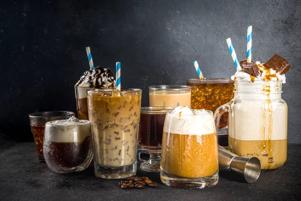 Set Different Ice Summer Coffee Drinks Espresso Frappe Latte Cappuccino — Stock Fotó