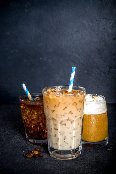 Set Different Ice Summer Coffee Drinks Espresso Frappe Latte Cappuccino — Stock Fotó