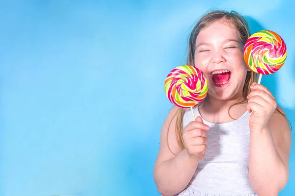 Little Happy Funny Girl Big Colorful Lollypops Holiday Happiness Summer — Stock Photo, Image