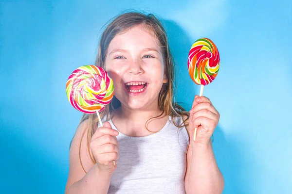 Little Happy Funny Girl Big Colorful Lollypops Holiday Happiness Summer — Stock Photo, Image