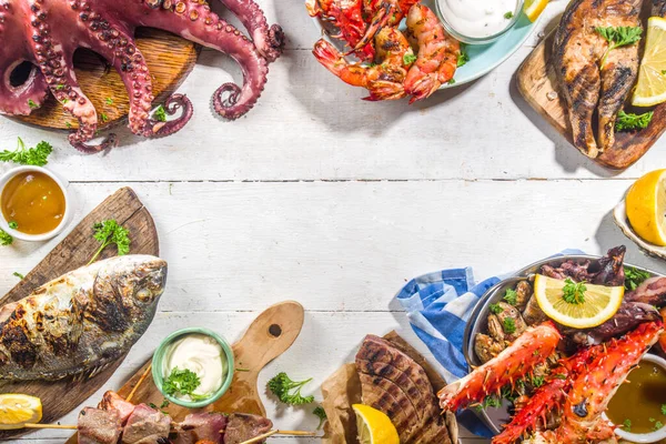 Sortiment Různé Grilování Středomořské Gril Potraviny Ryby Chobotnice Krevety Krab — Stock fotografie