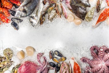 Çeşitli taze çiğ deniz ürünleri seti - ahtapot, yengeç, mürekkep balığı, karides, istiridye, midye, somon balığı limon baharatlı ton balığı, ezilmiş buzlu arka plan üst görünüm 