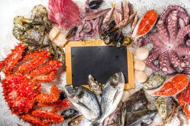 Çeşitli taze çiğ deniz ürünleri seti - ahtapot, yengeç, mürekkep balığı, karides, istiridye, midye, somon balığı limon baharatlı ton balığı, ezilmiş buzlu arka plan üst görünüm 