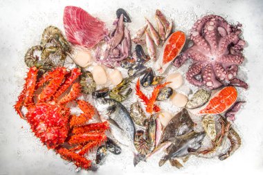 Çeşitli taze çiğ deniz ürünleri seti - ahtapot, yengeç, mürekkep balığı, karides, istiridye, midye, somon balığı limon baharatlı ton balığı, ezilmiş buzlu arka plan üst görünüm 