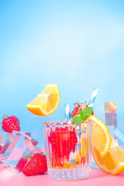 Summer Bright Lemonade Colorful Blue Pink Background Glass Pedestals Podiums — Stock Photo, Image