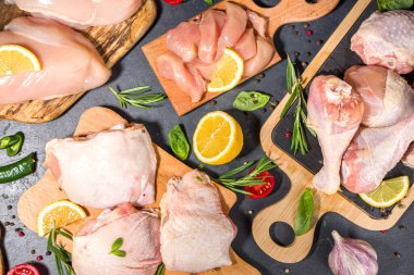 Çeşitli çiğ tavuk eti porsiyonları. Pişmemiş tavuk filetosu, but, kanatlar, şeritler ve bacaklar siyah yemek masasında baharatlı. 