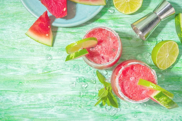 Cold Summer Cocktail Watermelon Margaritas Mojito Watermelon Lime Slices Crushed — Stock Photo, Image