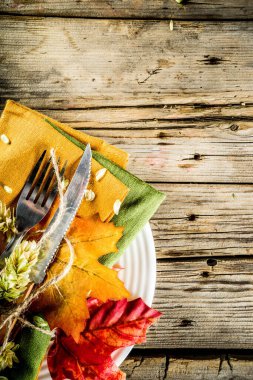 Sonbahar çatal bıçak seti. Menü veya davet için sonbahar kartı arkaplanı, pankart biçimi. Çatal, bıçak, peçete, balkabağı, tabak, renkli yapraklar. Kırsal eski ahşap masa üzerinde, üst görünüm kopyalama alanı