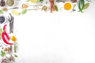 Taze bitkiler, kurutulmuş renkli baharatlar. Arka planda çeşitli baharatlar, bitkiler biber, vanilya fasulyesi, tarçın, fesleğen, biberiye, kırmızı biber, nane, maydanoz beyazından masa üstü manzaralı flatlay pişirme