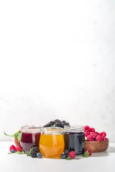 Auswahl Saisonalen Beeren Und Obstmarmeladen Sommer Kleinen Gläsern Hausgemachte Konserven — Stockfoto