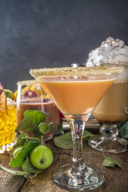 Sonbahar kış alkollü kokteyl seti. Geleneksel sonbahar alkollü sıcak ve buzlu içecekleri farklı bardaklarda.