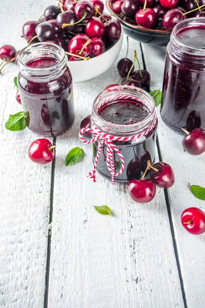 Jar Cherry Jam Homemade Sweet Sour Cherry Jam Fresh Cherries — Stock Photo, Image